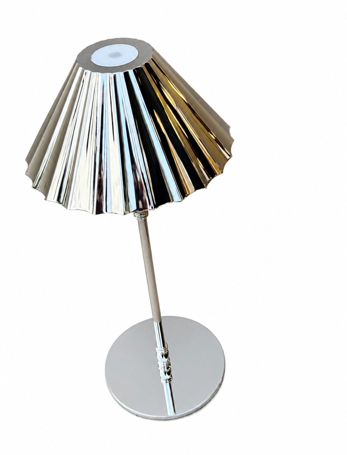 Top view of chrome scalloped lamp shade and stem