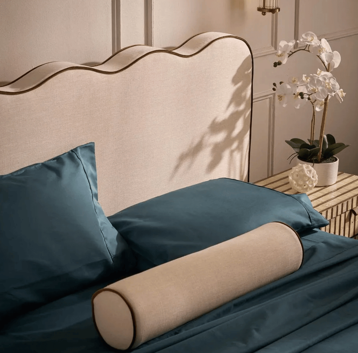 Avoca Bolster Cushion - Ivory with Chocolate Piping