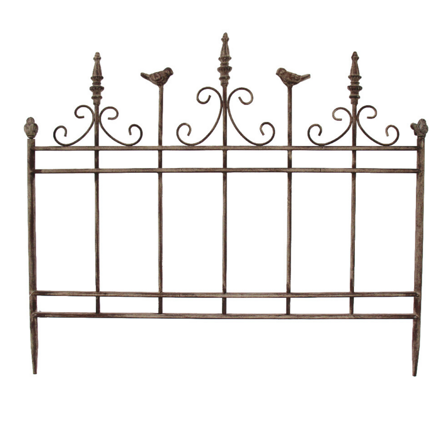 Decorative iron garden panel with ornate scrollwork, finial posts and perched bird details, aged brown finish
