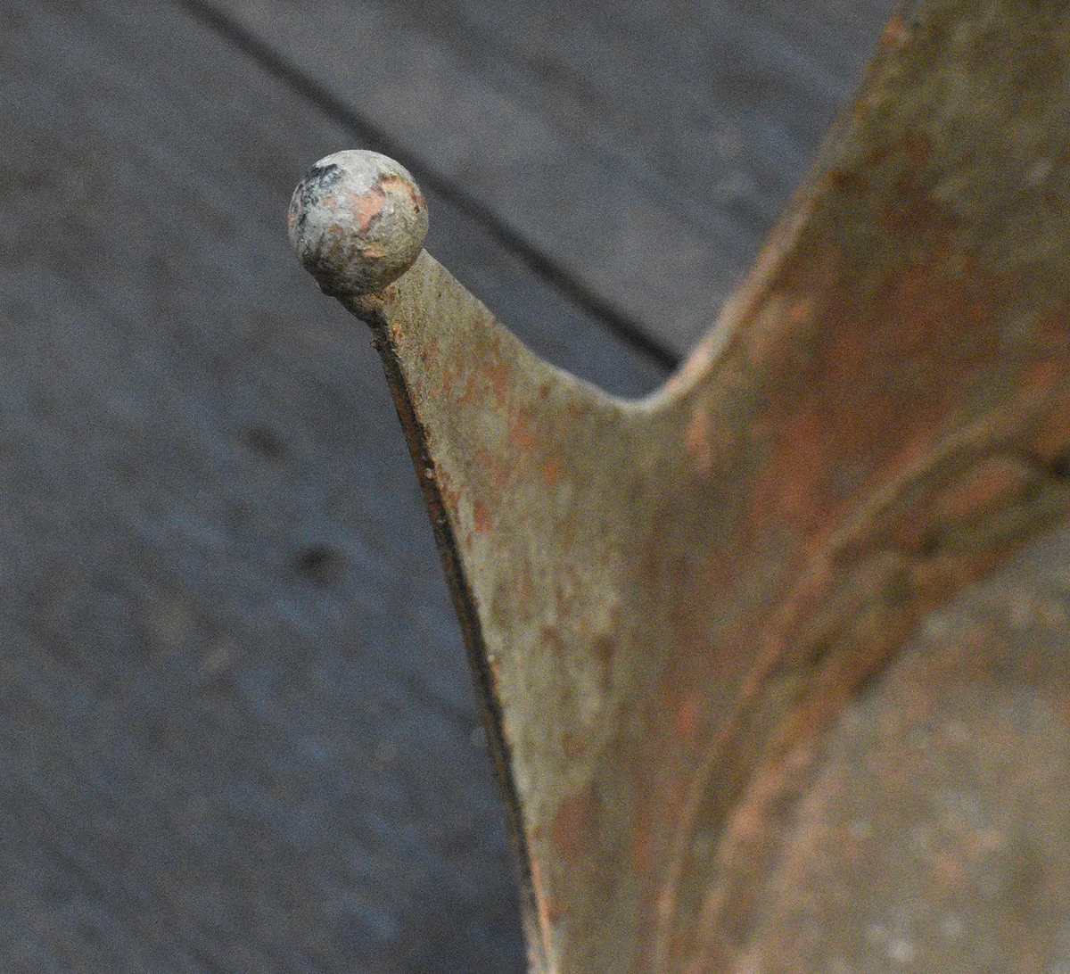 Large aged white crown dish - angled view showing depth and ball finial detail