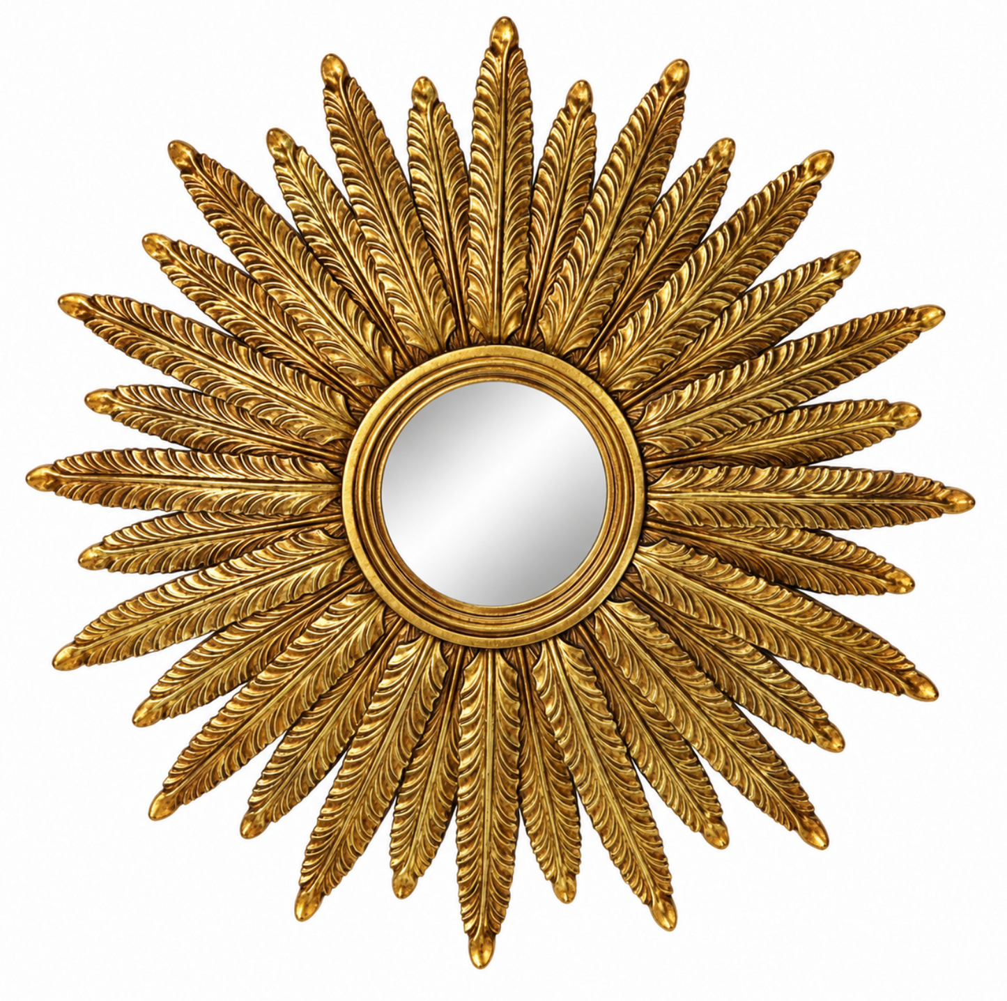 A decorative gold sunburst wall mirror with a circular reflective center and multiple radiating feather-like arms, shown on a plain white background.