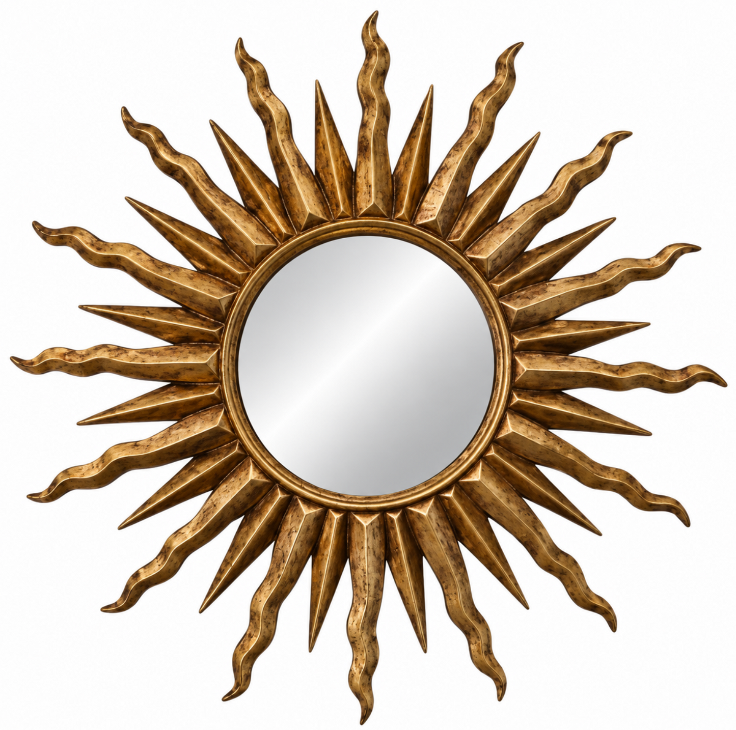 A decorative sunburst wall mirror with a textured, hammered gold frame and wavy rays radiating from a central oval mirror, shown against a plain white background.