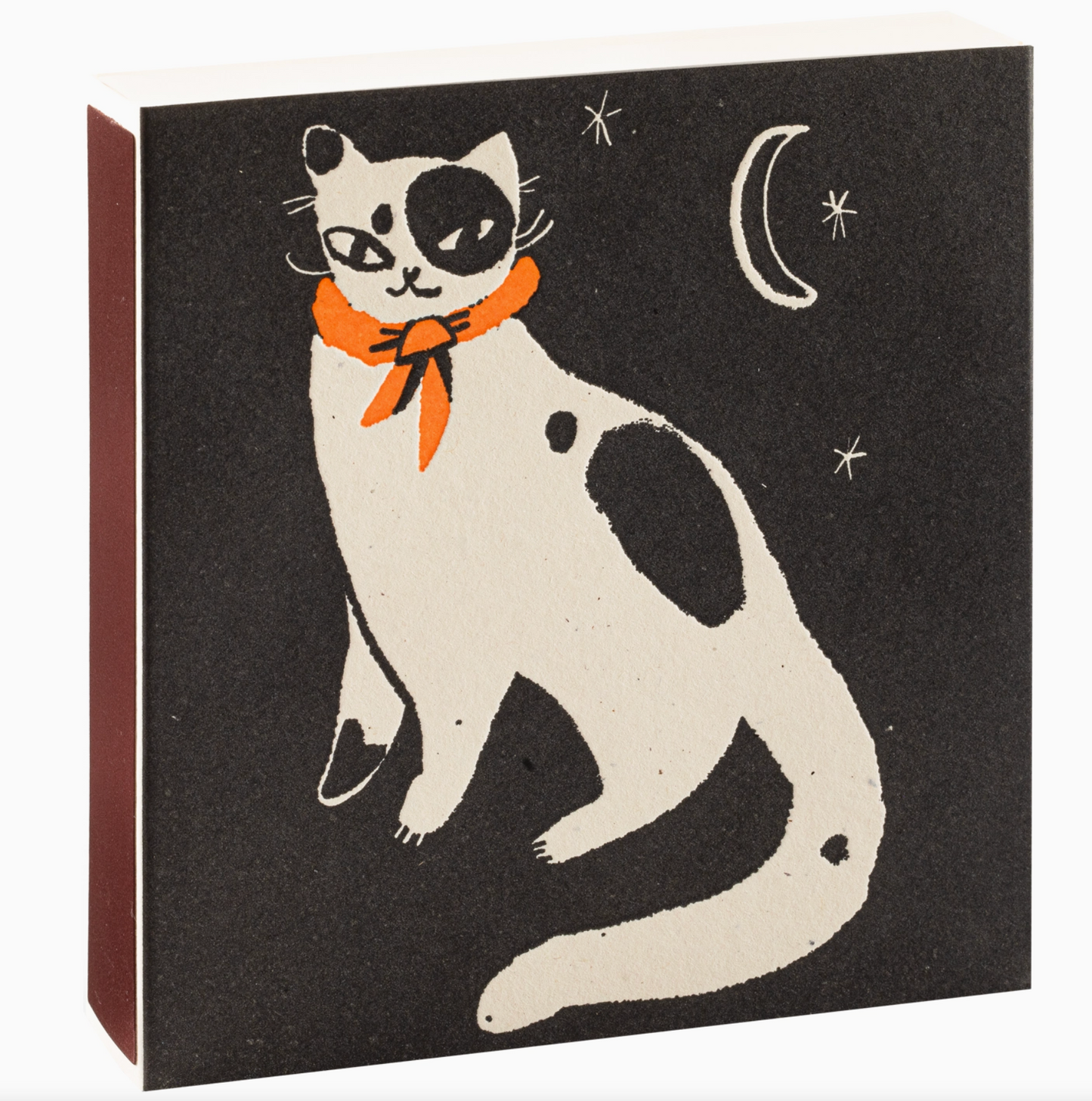 Black Cat Matches closed showing square black matchbox with illustrated white cat, crescent moon and stars