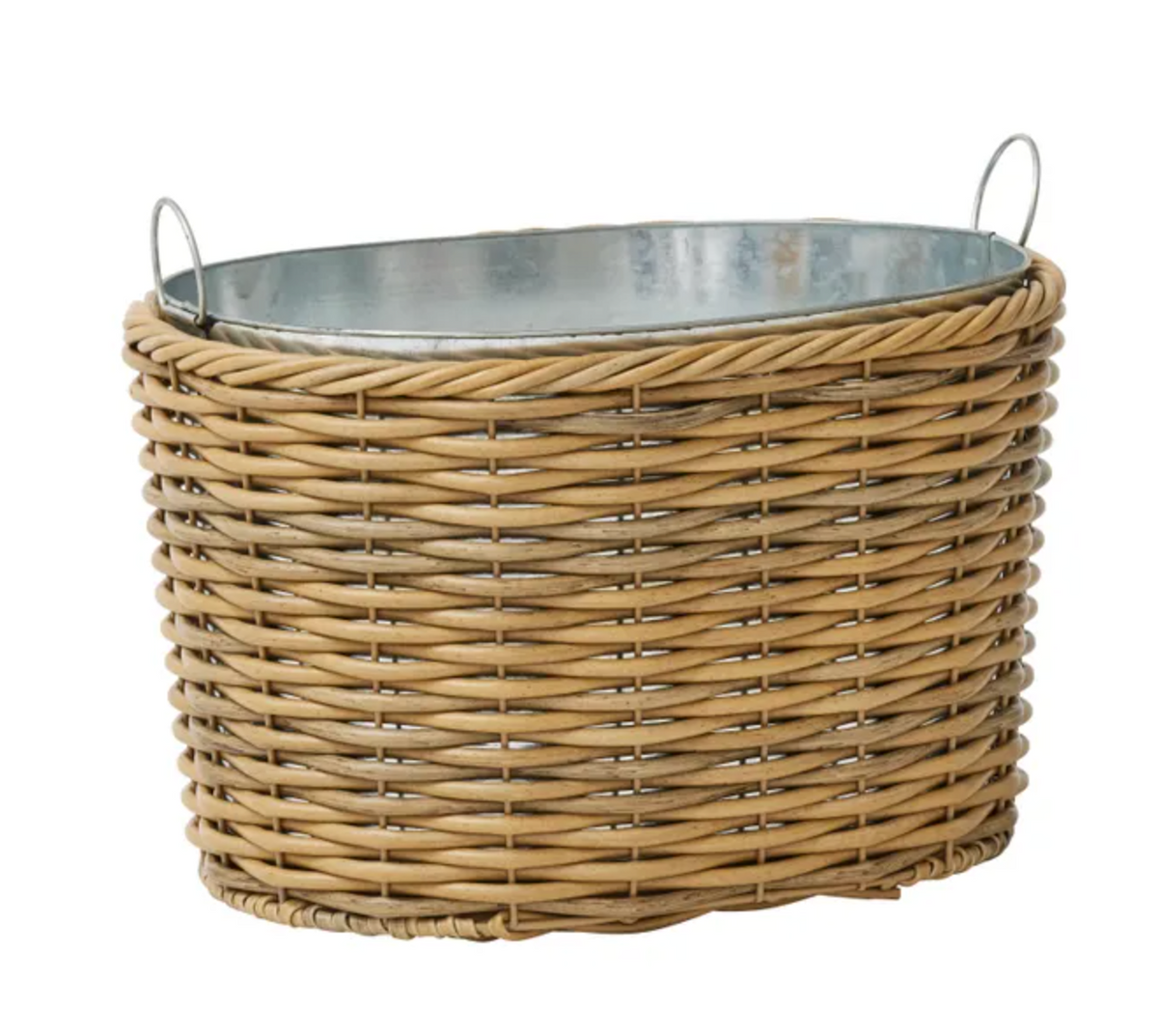 Oval Rattan Cooler in natural PE rattan with galvanised metal liner and wire handles