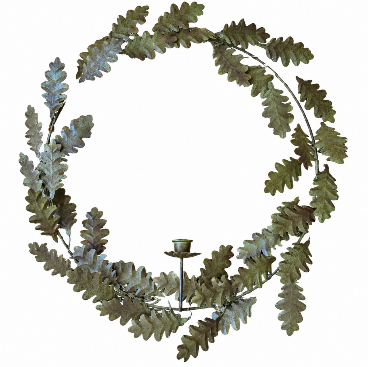 Metal oak leaf candle stand with a circular leafy design and central candle holder