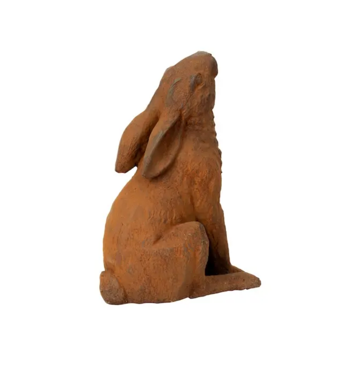 Rust-finished cast iron sitting hare with ears down, side view