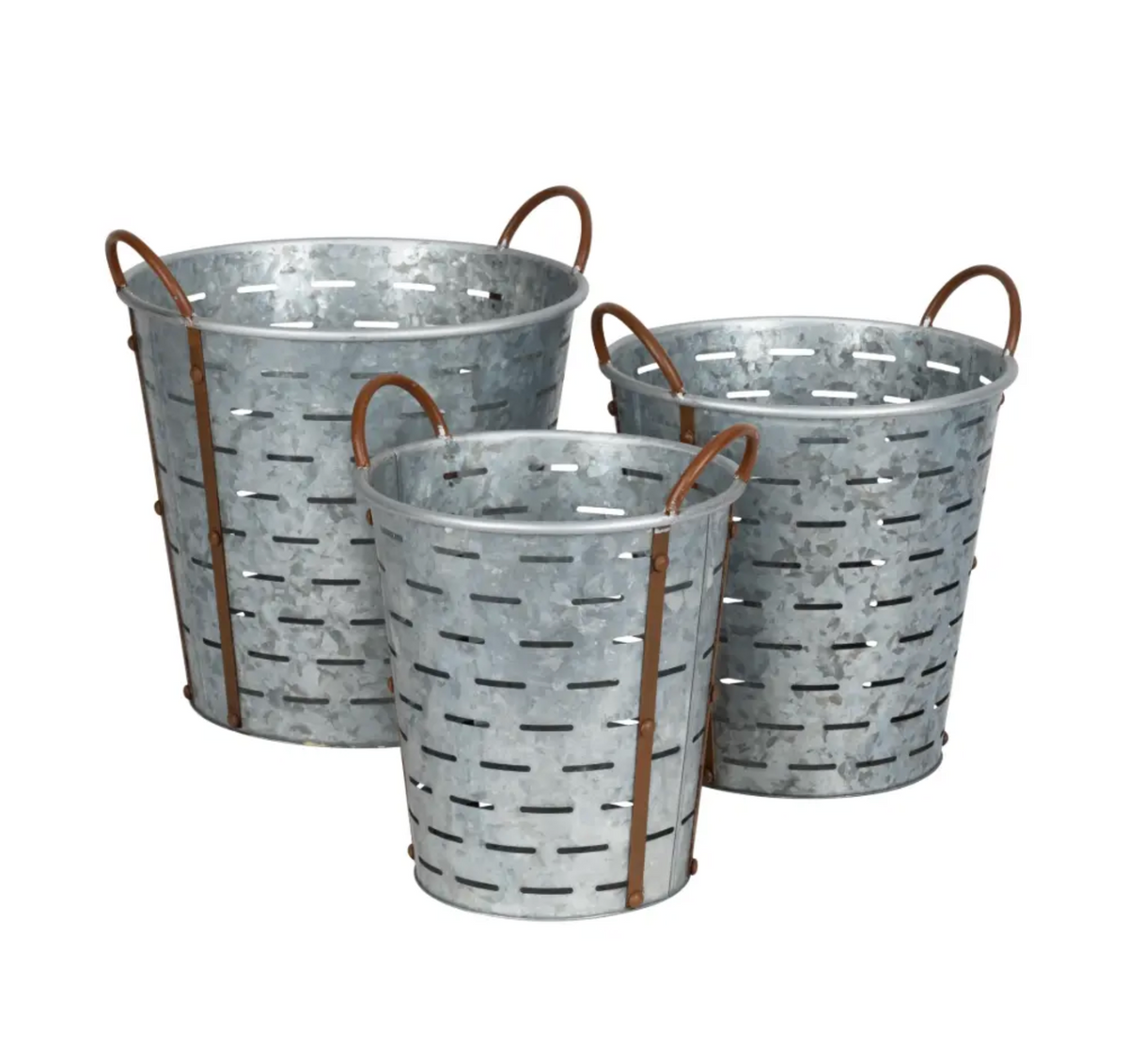 Three olive-toned zinc flower pots in size order