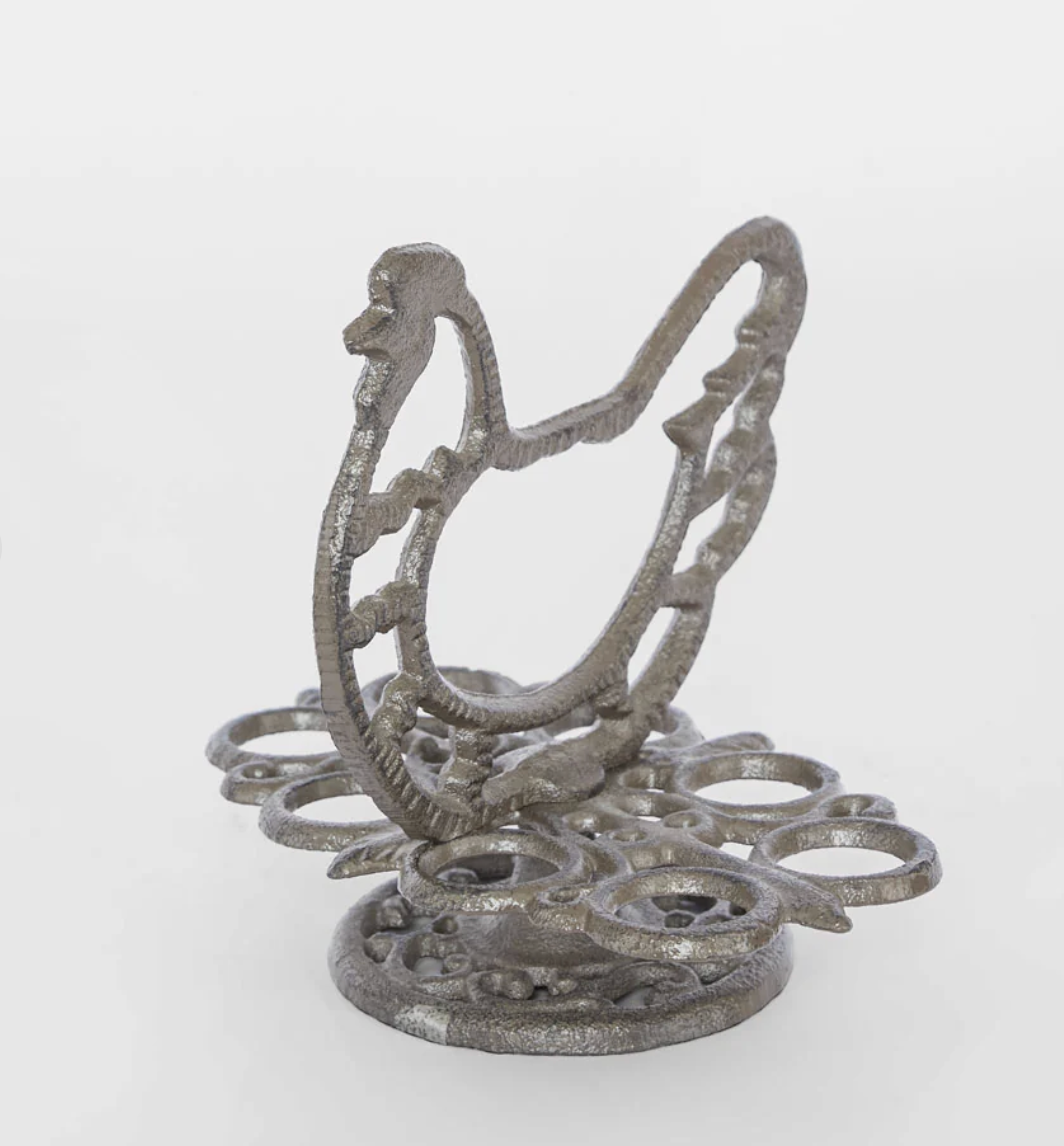 Close view of the cast iron chook egg holder and textured egg rings