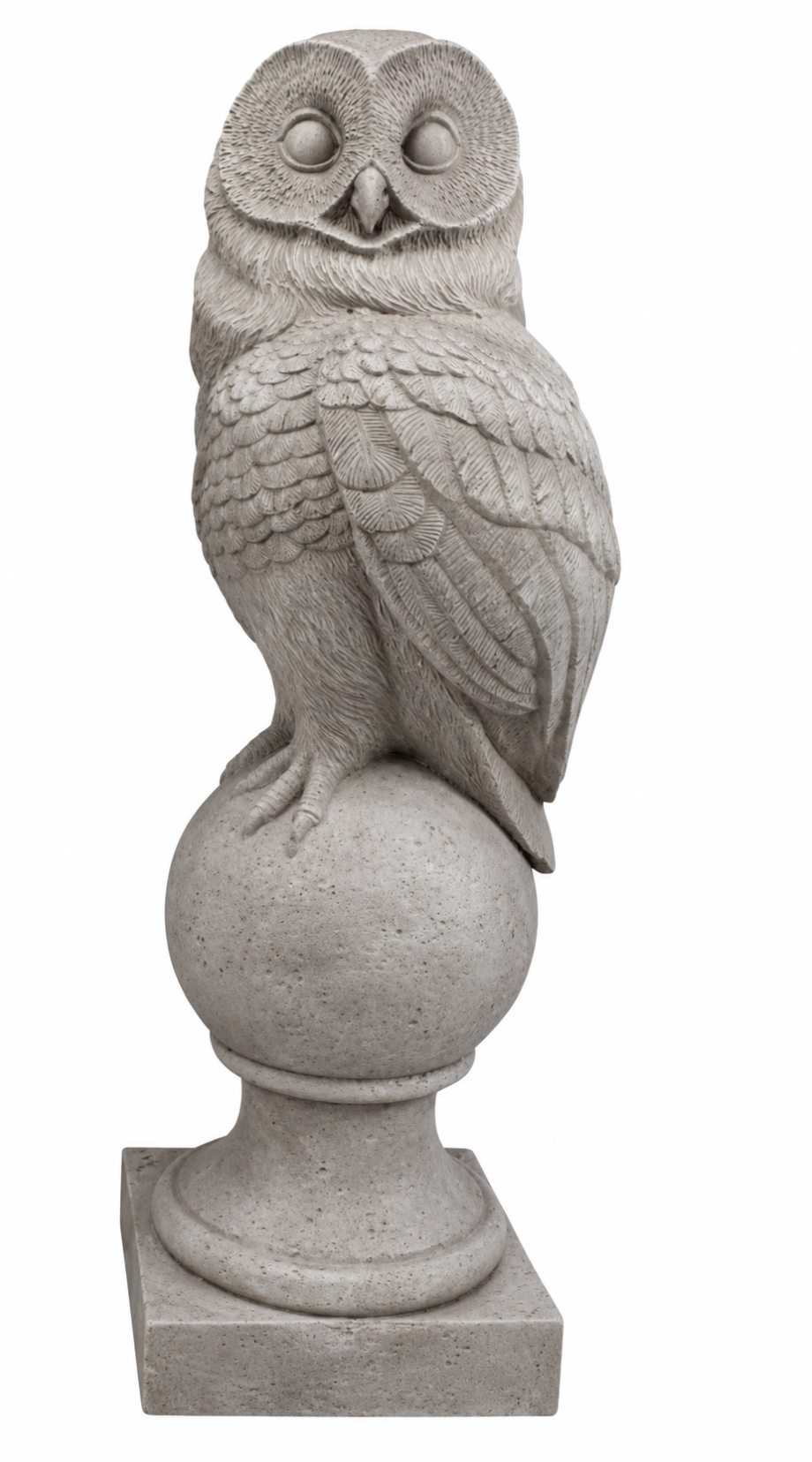 Pale grey resin owl perched on a ball finial with wings shown on the right side of the image