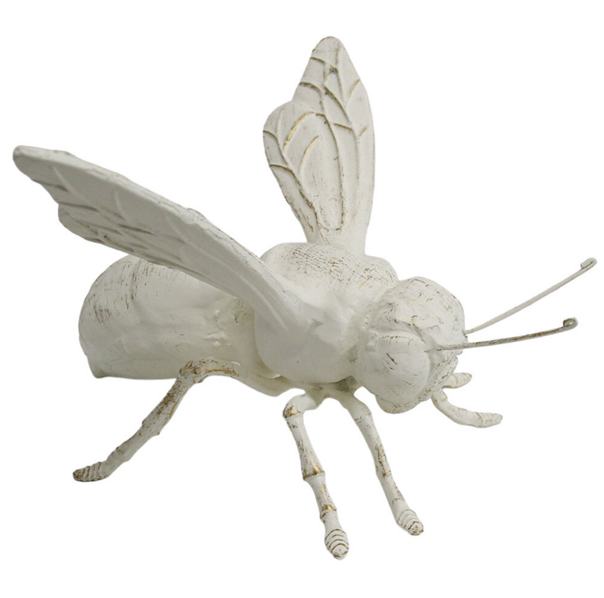Antique white decorative bee with raised veined wings, slender antennae and darker detailing