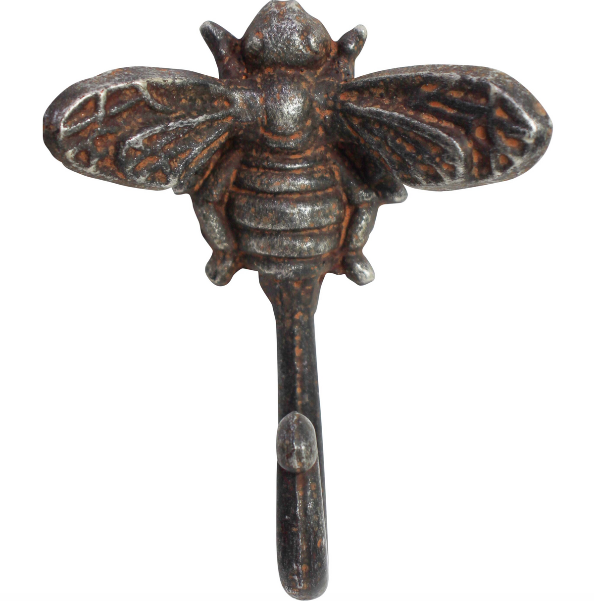 Dark rustic metal bee wall hook with outstretched wings and a single curved hook