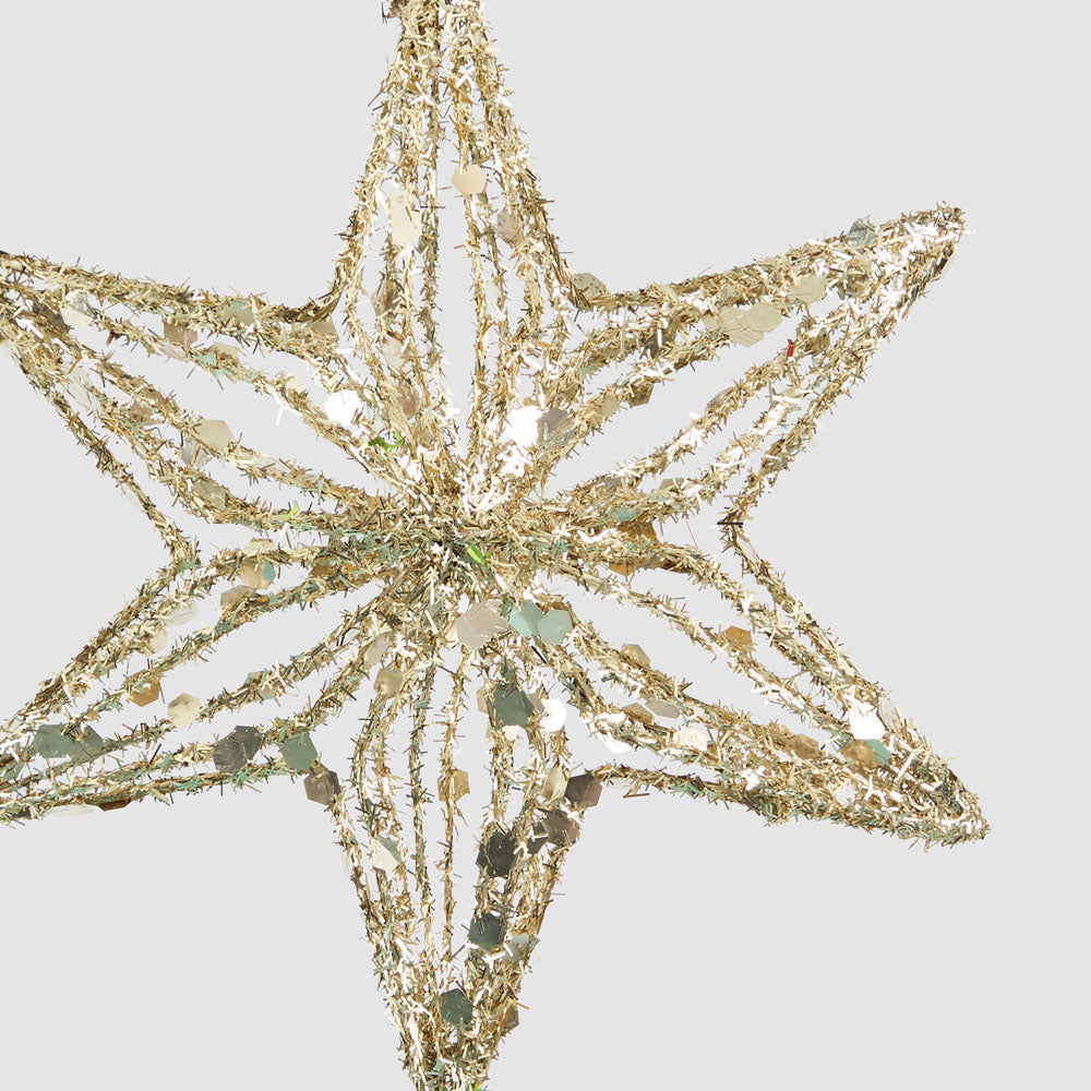 Close-up of the wire star showing textured strands and reflective disc decorations
