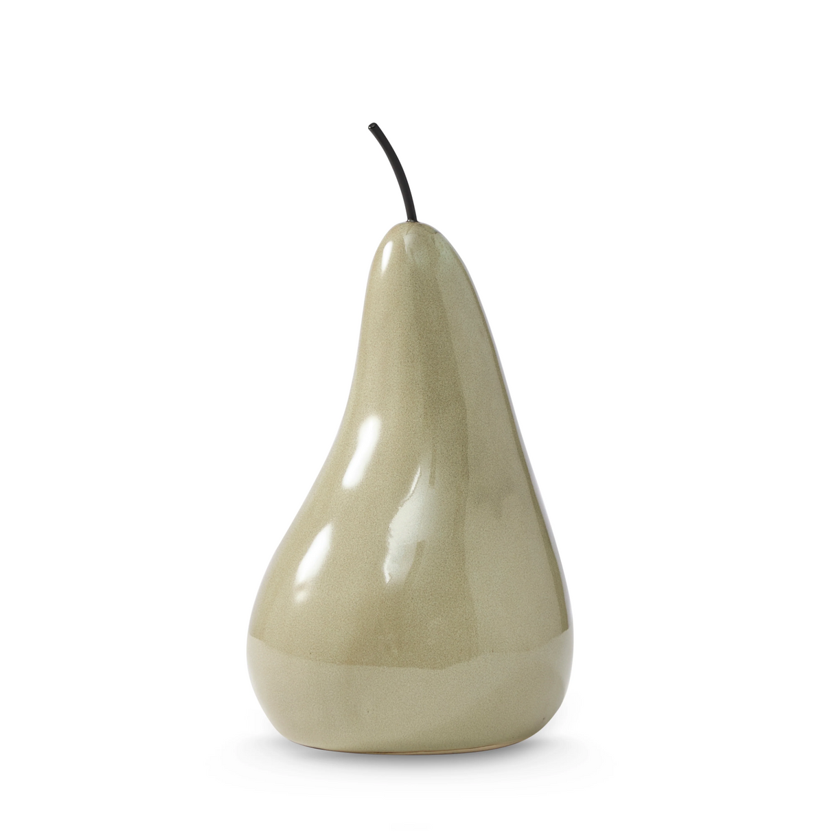Large green ceramic pear sculpture with a glossy finish and dark curved stem