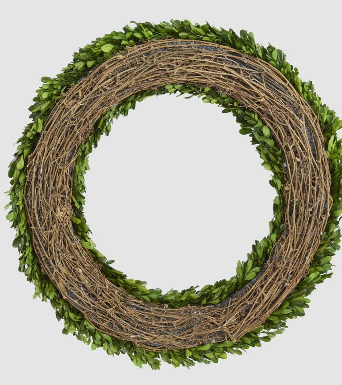 Close-up of preserved green boxwood leaves on 60cm wreath