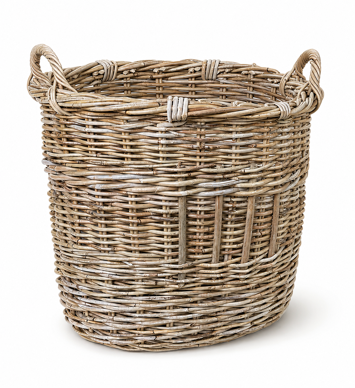 A natural woven wicker basket with two side handles, shown on a clean white background.