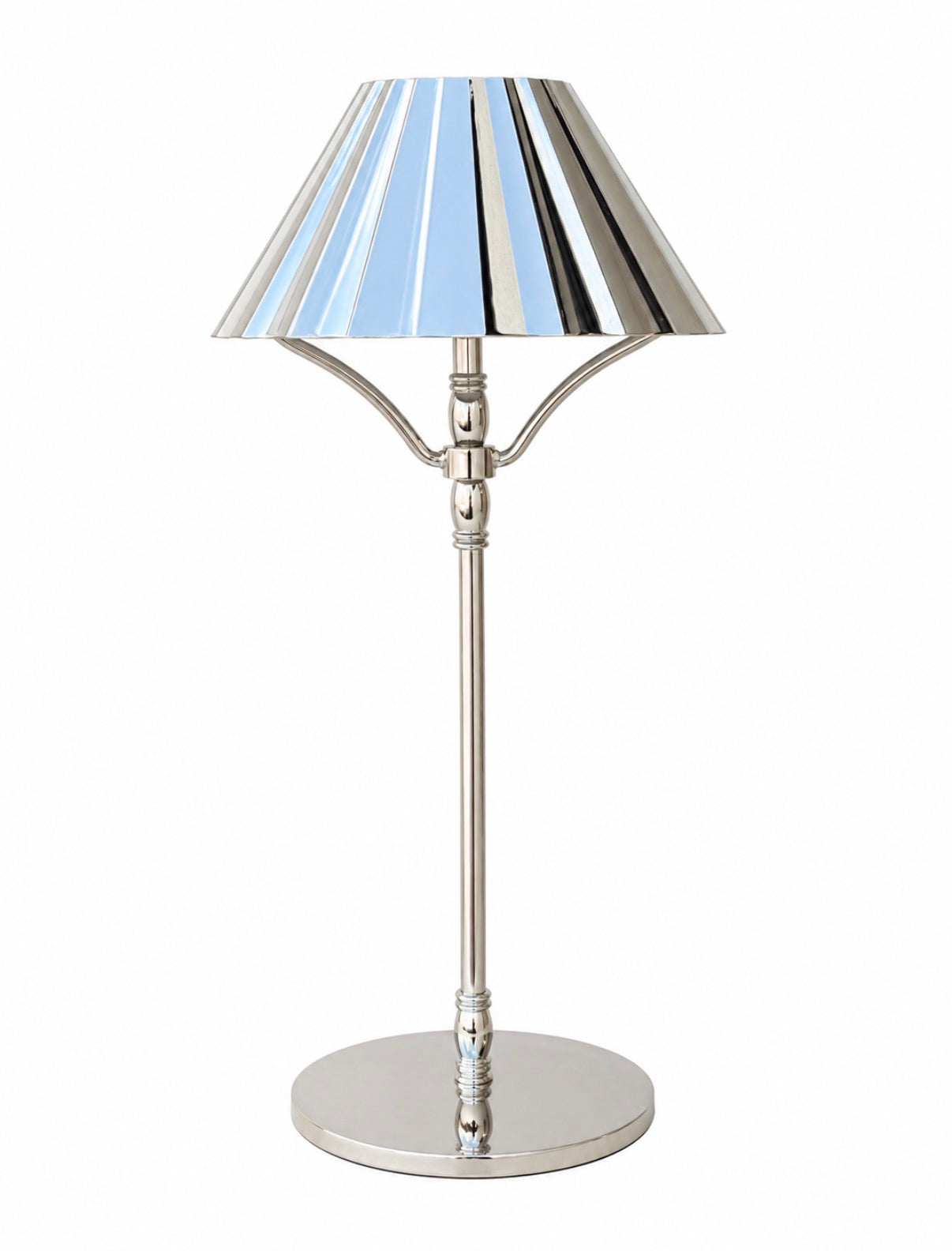 Cordless rechargeable chrome lamp with scalloped shade