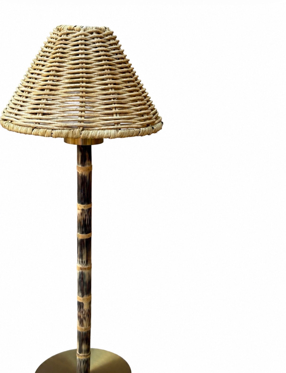 Full view of cordless rechargeable bamboo and rattan lamp with woven shade