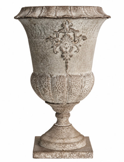 Motif patina metal urn, aged grey finish - HAROLDS