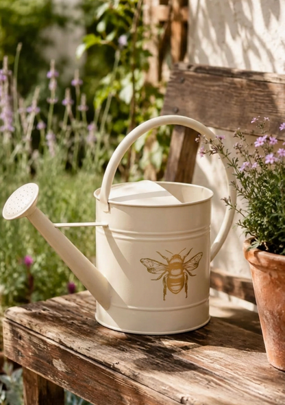 Sand metal bee watering can with bee motif and curved handle