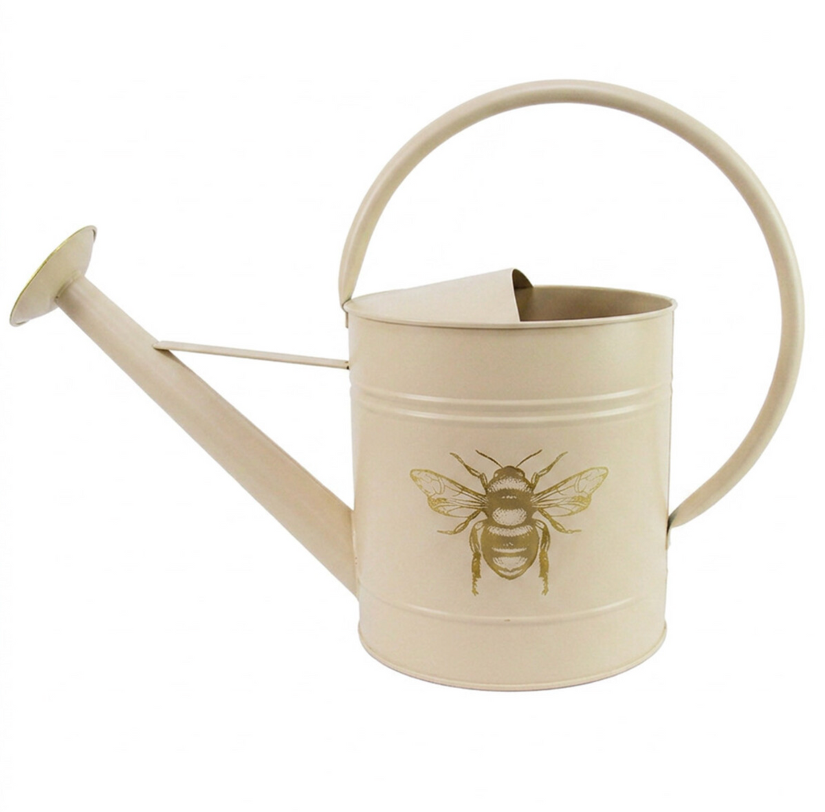 Sand metal bee watering can viewed from the rear with overhead handle