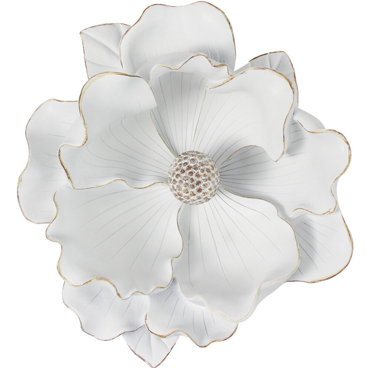 Extra Large white resin magnolia flower sculpture with gold-edged petals