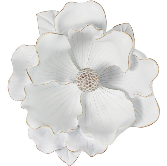 Extra Large white resin magnolia flower sculpture with gold-edged petals