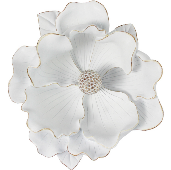 Extra Large white resin magnolia flower sculpture with gold-edged petals