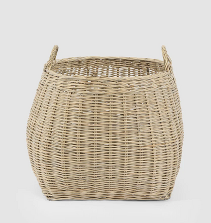 Large natural willow basket with rounded sides and two woven handles