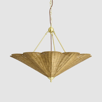 Scalloped rattan ceiling pendant with hanging chain and frosted glass diffusers