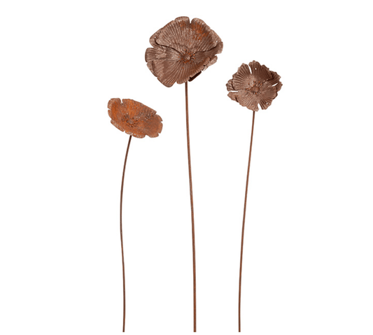 Rusted Poppy Garden Stake Set