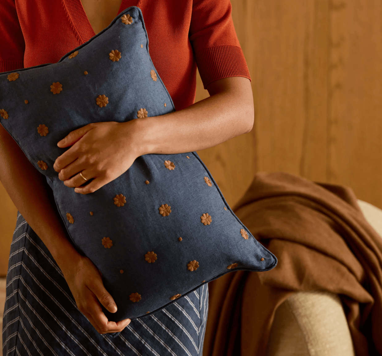 Indigo Floral Linen Lumbar Cushion