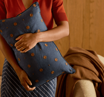 Indigo Floral Linen Lumbar Cushion
