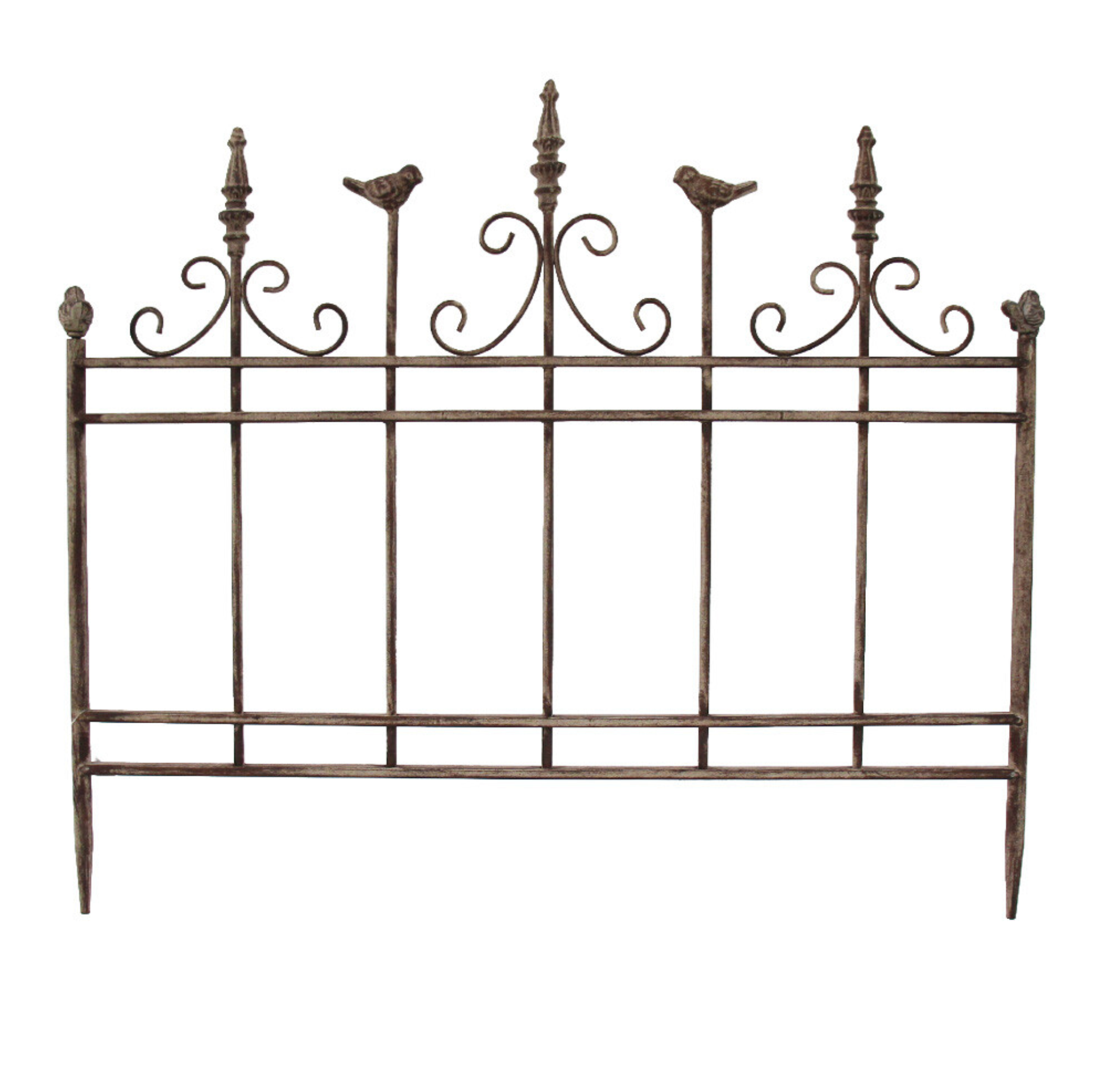 Decorative iron garden panel with ornate scrollwork, finial posts and perched bird details, aged brown finish