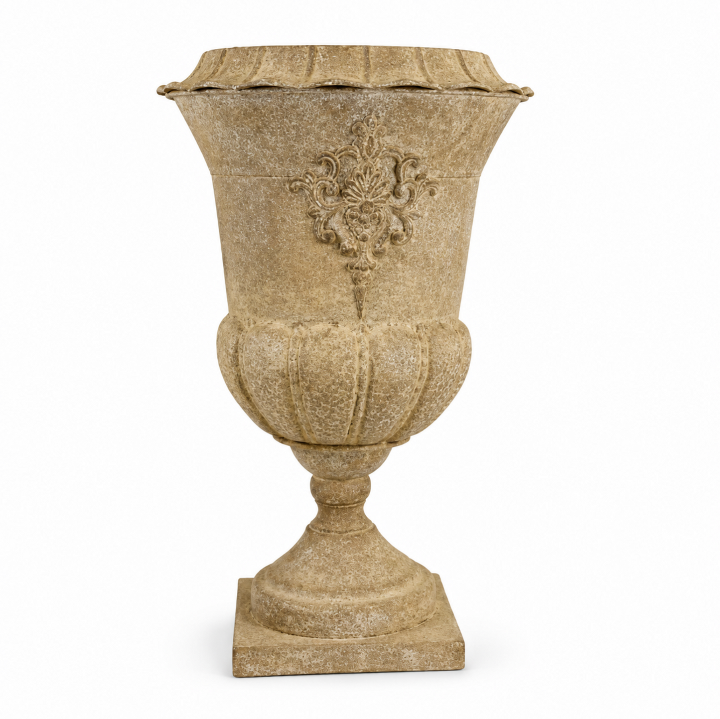 Motif patina metal urn, warm stone finish - HAROLDS