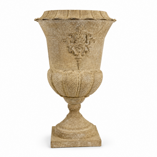 Motif patina metal urn, warm stone finish - HAROLDS