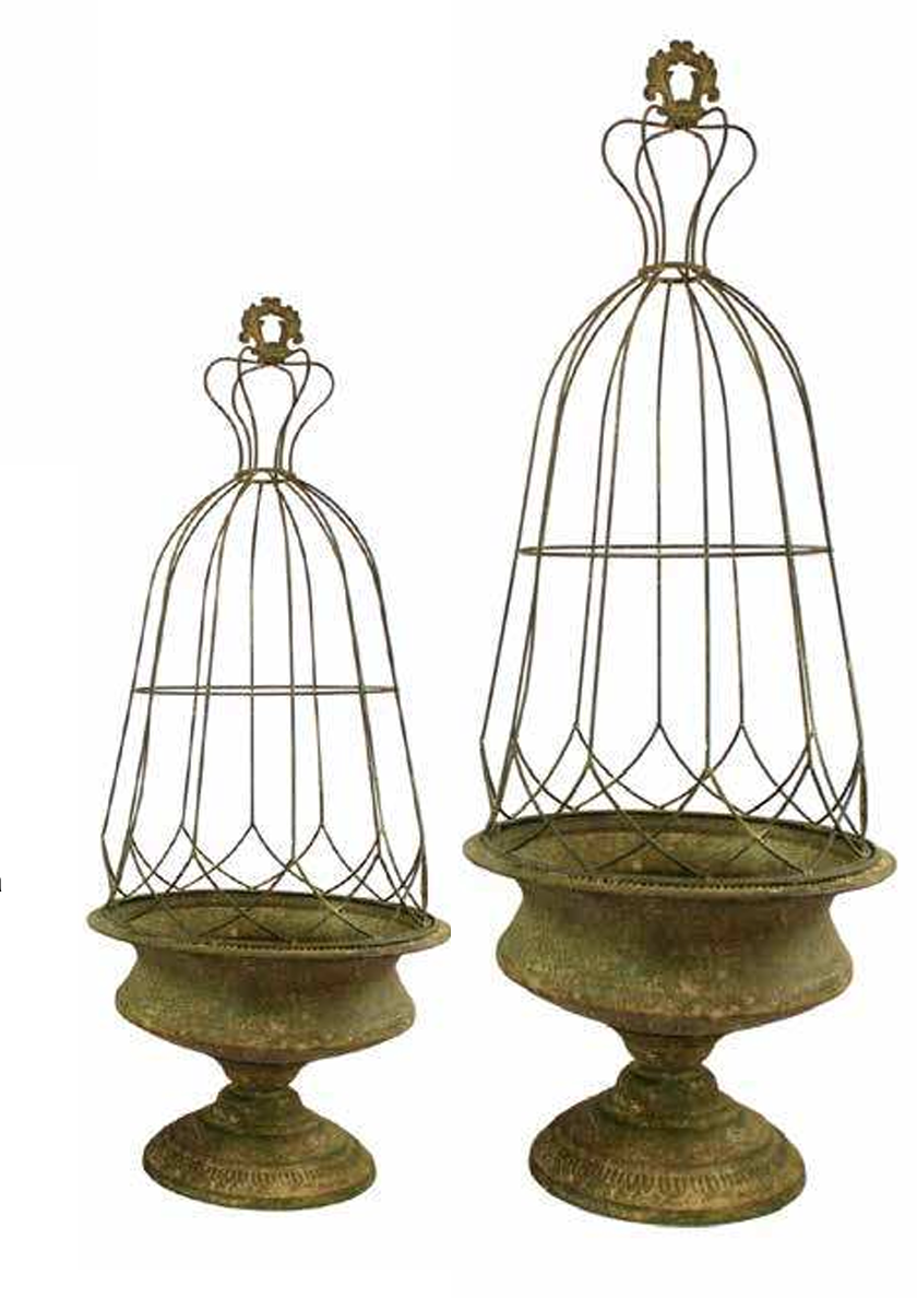 Two vintage-style metal birdcage garden ornaments with bronze-colored pedestals, shown on a plain white background.