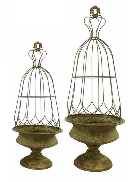 Two vintage-style metal birdcage garden ornaments with bronze-colored pedestals, shown on a plain white background.