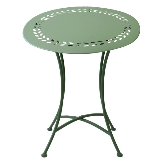A round metal bistro table in sage green, featuring a decorative leaf pattern cutout around the rim and a four-legged frame base, shown against a plain white background.