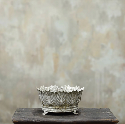 Carla Fluted Bowl Small in Blanca finish - aged white pressed tin bowl with leaf-edged rim on iron feet.