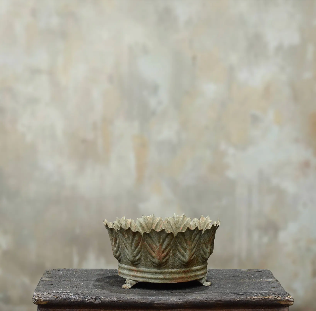 Carla Fluted Bowl Small in Oxido finish - aged white pressed tin bowl with leaf-edged rim on iron feet.