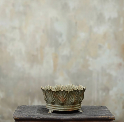 Carla Fluted Bowl Small in Oxido finish - aged white pressed tin bowl with leaf-edged rim on iron feet.