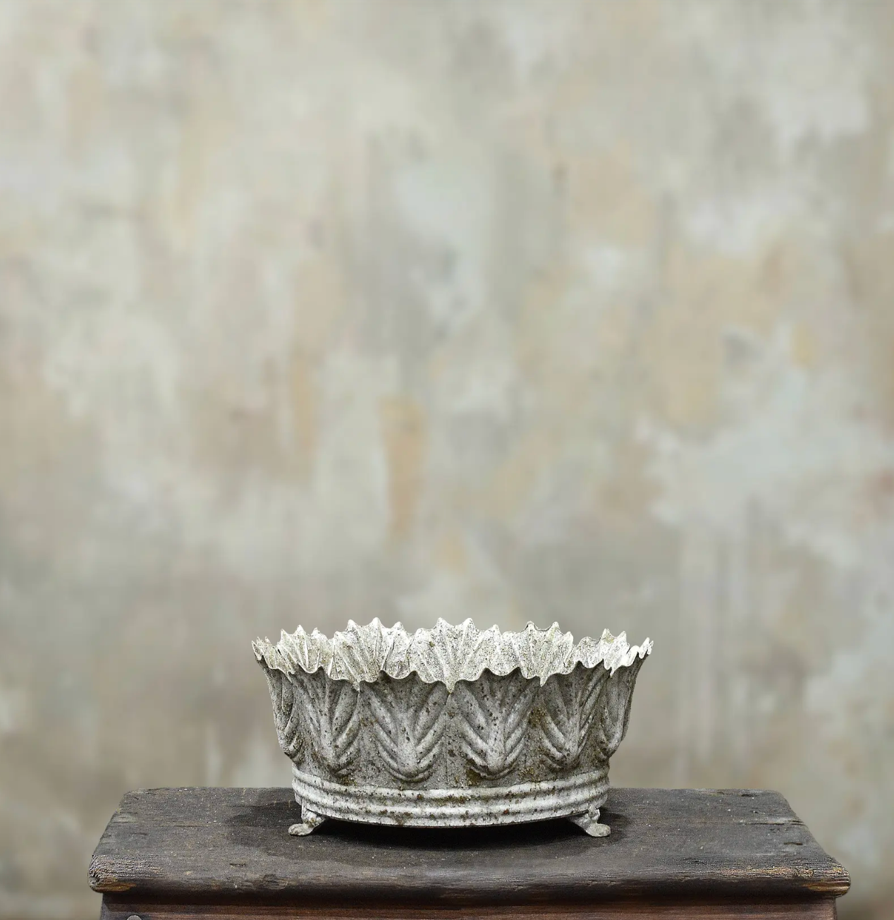 Carla Fluted Bowl Medium in Blanca finish - aged white pressed tin bowl with leaf-edged rim on iron feet.
