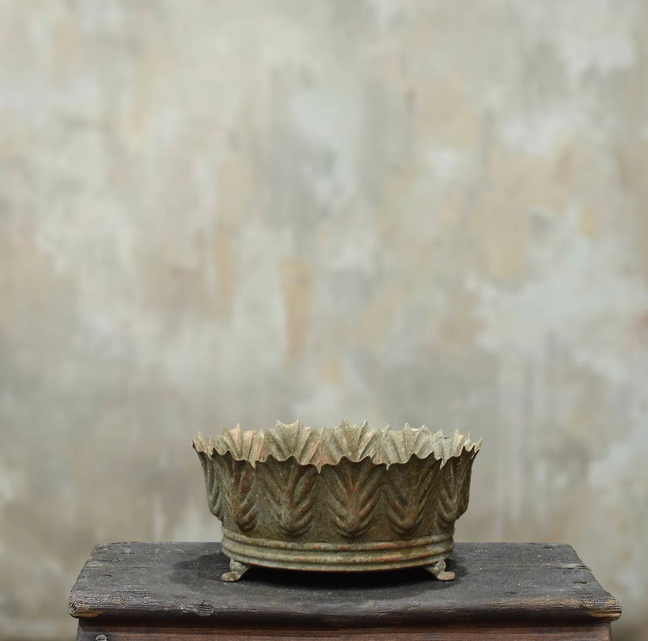 Carla Fluted Bowl Medium in Oxido finish - aged white pressed tin bowl with leaf-edged rim on iron feet.