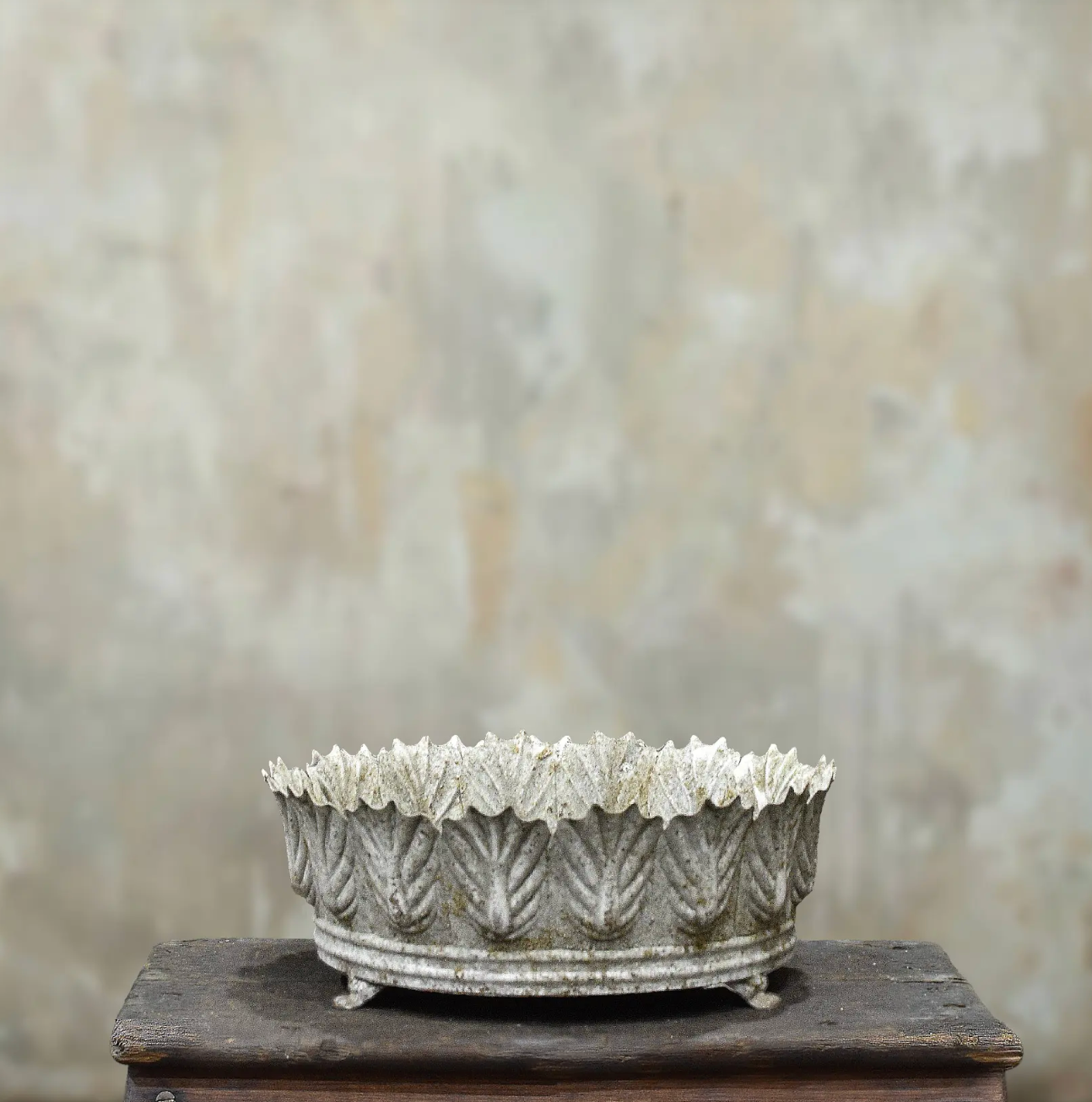 Carla Fluted Bowl Large in Blanca finish - aged white pressed tin bowl with leaf-edged rim on iron feet.