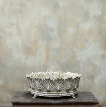 Carla Fluted Bowl Large in Blanca finish - aged white pressed tin bowl with leaf-edged rim on iron feet.