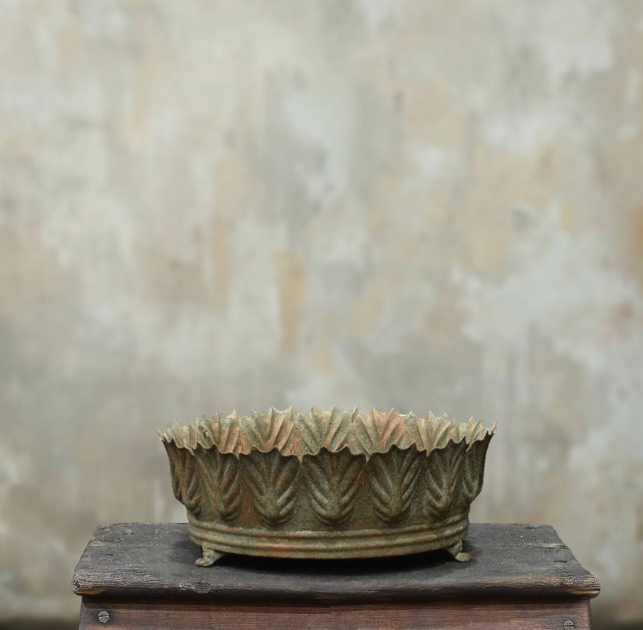 Carla Fluted Bowl Large in Oxido finish - aged white pressed tin bowl with leaf-edged rim on iron feet.