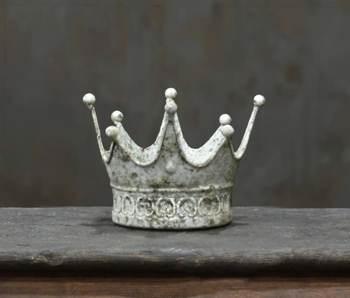 Crown Dish Small in Blanca finish - aged white metal crown dish with ball finials on timber surface.