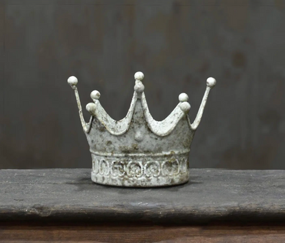 Crown Dish Small in Blanca finish - aged white metal crown dish with ball finials on timber surface.