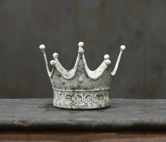 Crown Dish Small in Blanca finish - aged white metal crown dish with ball finials on timber surface.