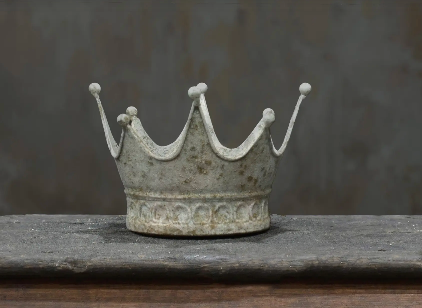 Crown Dish Medium in Blanca finish - aged white metal crown dish with ball finials on timber surface
